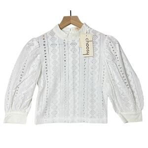 Choosy White Cropped Eyelet Blouse 3/4 Sleeve Collared Button Cuff Top Size XS